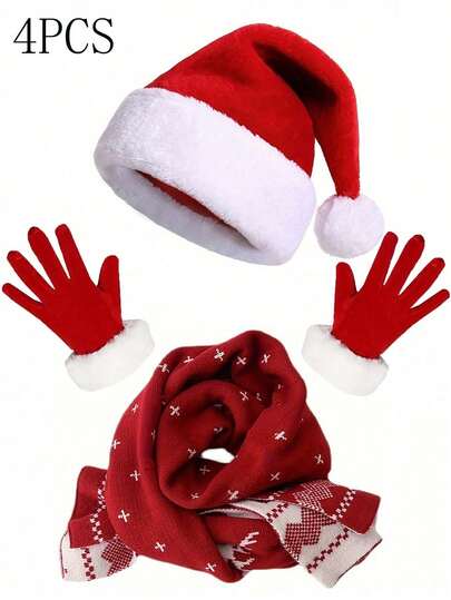 50件/30件/20件/10件/5件圣诞礼物帽子围巾手套圣诞老人柔软羊毛圣诞帽 - 红色，可机洗，非常适合节日派对和装饰，圣诞装饰。圣诞礼物。家庭帽
