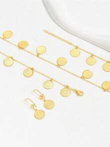 مجموعة قلادة وأقراط معدنية مطلية بالذهب عيار 18 قيراط، مناسبة كهدية للحفلات والاستخدام اليومي، 3 قطع/مجموعة