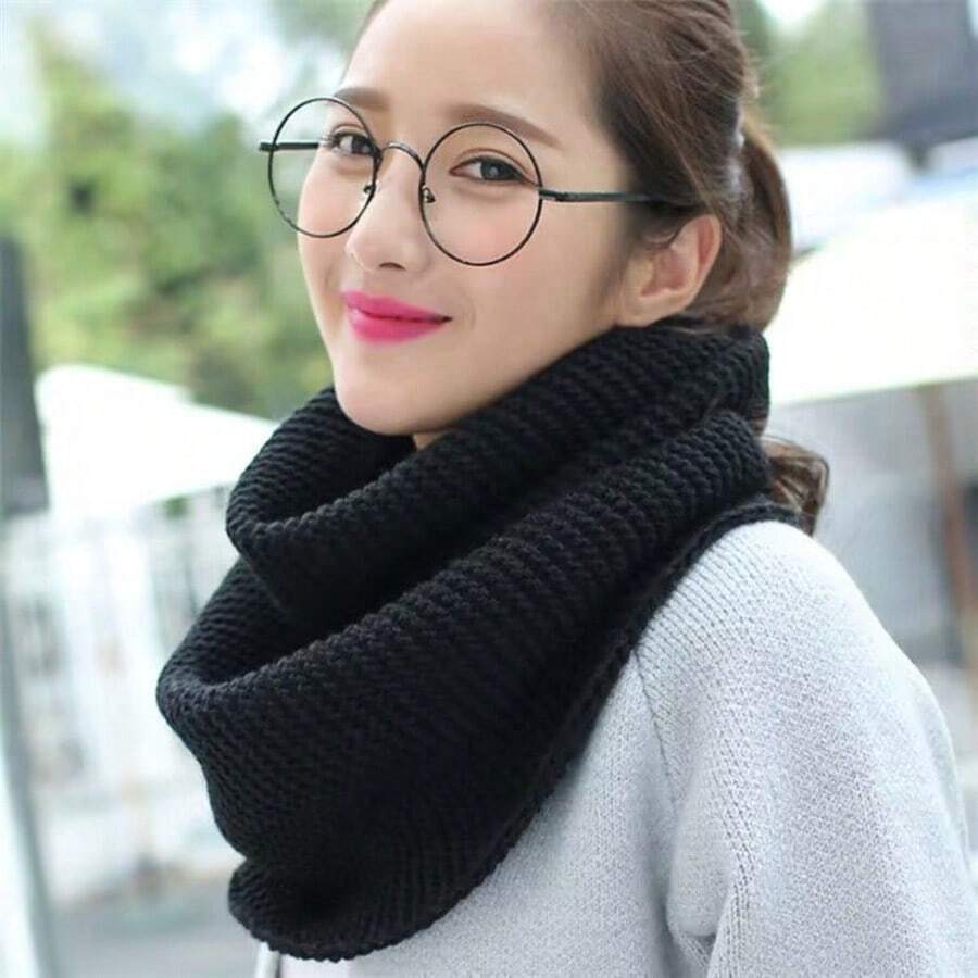 1件秋冬韩版针织围脖,加厚纯色女士围巾,可搭配连衣裙 - 黑色 - 查看 1