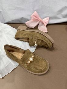 Comfortable Women's Flats, Deep Mouth Thermal Lining For Autumn/Winter, Faux Pearl Metal Decor, Soft Flat Oxfords, Elegant Casual Versatile For All Occasions