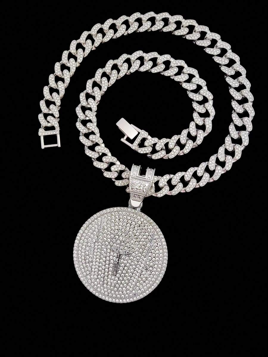 1pc Fashion Creative Cross & Jesus Pendant With 13mm Miami Cuban Chain, Men's Hip Hop Rock Street Style Cross & Jesus Pendant Necklace, Punk Retro Necklace, Suitable For Daily Wear Or Party, Valentine's Day Gift, 2 Chain Options - Silver - View 1