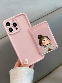 2pcs Set: 1pc Pink Lens Protection Stepped Pattern Phone Case + 1pc Cute Girl Angry Minimalist Print Card Holder Phone Case, Compatible With Apple 17 Air, 17, 16, 15, 14, 13, 12, 11 Pro Max - Multicolor - View 3