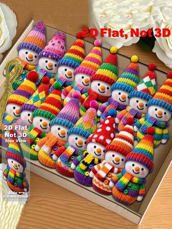 16个2D平面彩色雪人木质装饰品 - 3.94英寸人造木圆形装饰品，吊坠和挂饰，彩虹色调，带绒球帽，适用于圣诞节、新年、冬季派对、家居、办公室、窗户（2D平面），圣诞装饰，圣诞饰品，圣诞树装饰