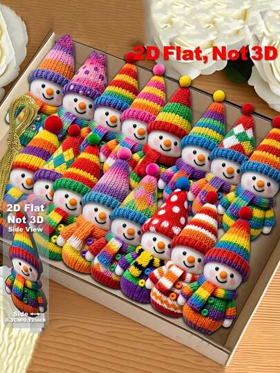 16个2D平面彩色雪人木质装饰品 - 3.94英寸人造木圆形装饰品，吊坠和挂饰，彩虹色调，带绒球帽，适用于圣诞节、新年、冬季派对、家居、办公室、窗户（2D平面），圣诞装饰，圣诞饰品，圣诞树装饰