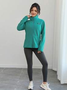 1 pieza Chaqueta de forro polar para mujer, chaqueta delgada con cuello alto con cremallera, transpirable y cálida, adecuada para senderismo, viajes y deportes de esquí en primavera, otoño e invierno - Verde - Ver 10
