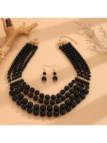 1 Set Women's Fashionable Exaggerated Pearl Decor Necklace, Long Body Chain, Earrings Suit, Elegant Accessories Necklace Round Bead European And American Pearl Necklace New Exaggerated Multi-Layer Collarbone Fashion Retro Versatile Temperament Sweater Jewelry - Pearl Long Necklace Set - View 13