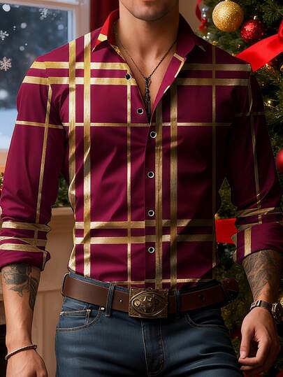 Camisa formal de vestir de negocios para hombre - Patrón de cuadros, Ajuste slim, Material de poliéster, Uso en todas las estaciones, Tejido, Peso de tela 120g/㎡, Ligeramente elástica, Cuello extendido, Adecuada para reuniones en casa, visitar amigos y familiares, Talla adulto