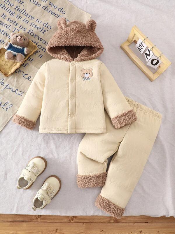 2pcs Winter Cartoon Bear Embroidered Waterproof Padded Hooded Snow Jacket + Fleece Snow Pants Set For Kids & Adults (Vacuum Packed)