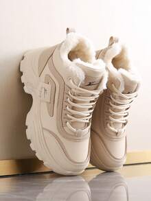 女士保暖内衬白色运动鞋，时尚防水防滑雪地靴 - 米色 - 查看 10