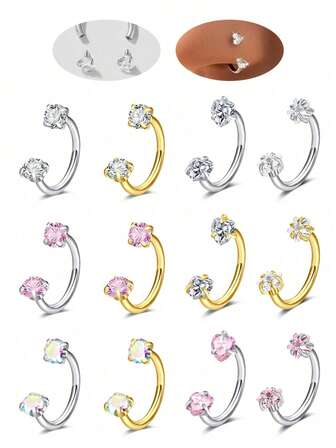 2 件不锈钢锆石马蹄形穿孔鼻耳肚脐环女式耳软骨耳钉耳环耳甲穿孔饰品
