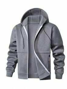 1pc Men's Hooded Fleece Jacket, Zipper Closure Solid Color Sports Sweatshirt For Casual Outdoor Wear,Winter