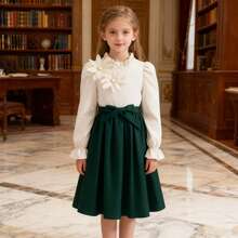 Girls' Elegant 3D Floral Beaded Design Ruffle Collar Long Sleeve Dress, Contrast Ruffle Hem And Decorative Waistband, Suitable For Spring And Autumn - Dark Green - View 3