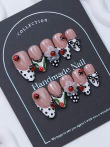10片/套，按压式美甲贴片，杏仁形甲帽，3D立体雕刻，手绘波点和蝴蝶结。奢华纯手工装饰美甲。提升时尚感。Y2K风格。优雅大气。适合女性和女孩佩戴。手工按压式美甲贴片。 - 彩色 - 查看 3