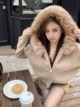 女士毛领连帽毛衣外套，韩版宽松针织上衣，小码版型，秋冬