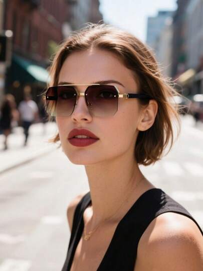 1pc Women's Fashion Glasses, New Retro Square Frame Metal Double Bridge Unique Design Chic Versatile Decorative Gift, Suitable For Daily Wear, Sun Protection, Vacation, Stage Performance, Party