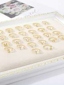 锆石首字母 A-Z 戒指，女士可调节开口戒指，姓名字母表，女性结婚珠宝礼物 - 金黃色 - 查看 6