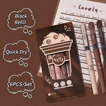 6支/8支咖啡主题液体速干墨水凝胶笔，不晕染软触笔，适用于笔记绘图学校办公用品 - 彩色 - 查看 2