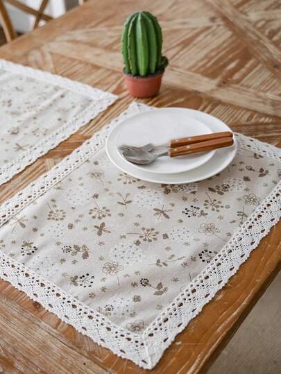 1/2/4/6/8 件复古花卉印花餐垫，带蕾丝边，厨房餐桌装饰垫，防滑杯垫，用于杯子/碗/盘子，矩形/圆形餐垫，适合日常使用，节日，家庭聚会，生日，婚礼，派对，办公桌，咖啡桌，所有季节