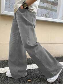 Teens Boys' Pocketed Wide Leg Loose Casual Elastic Waist Jeans - Grey - View 3