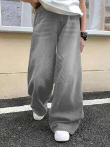 Teens Boys' Pocketed Wide Leg Loose Casual Elastic Waist Jeans - Grey - View 1