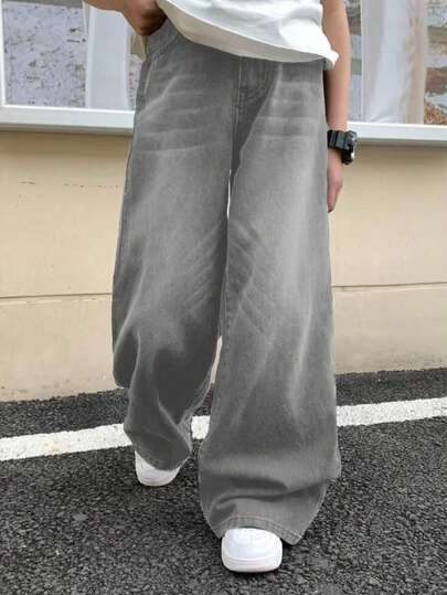 Teens Boys' Pocketed Wide Leg Loose Casual Elastic Waist Jeans