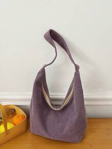 Casual Minimalist Corduroy Shoulder Bag, Contrast Color Fashion Casual Crossbody Bag For Commuting , Purple - Purple - View 7