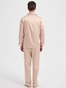 新款男士时尚休闲睡衣套装，秋冬服装 - 香檳色 - 查看 2