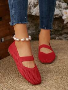 Women's Woven Mary Jane Flat Shoes, Square Toe Mesh Breathable Shoes, Comfortable Elegant Flat Knitted Casual Shoes - Red - View 7