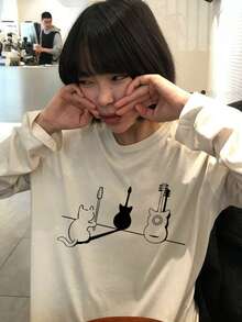 Women's Casual Loose Fit Round Neck Cat Print Long Sleeve T-Shirt, Versatile For Spring And Autumn