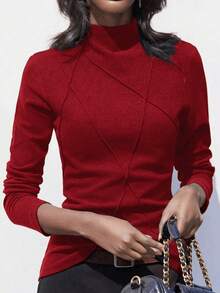 女士加厚抓绒高领打底衫，2024秋冬新款羊羔绒拼接鱼骨针织时尚叠穿休闲上衣 - 酒紅色 - 查看 4