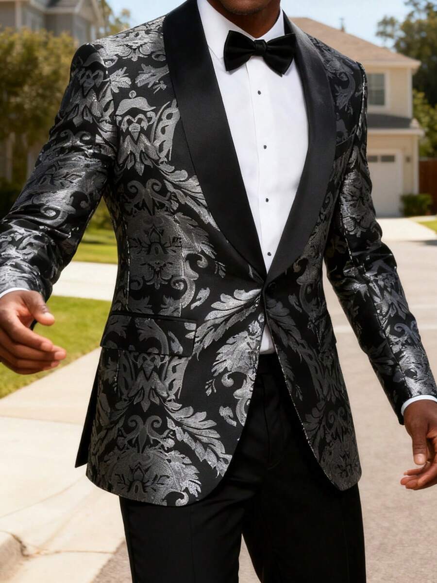 Mens Tuxedo Jacket Paisley Shawl Lapel Suit Blazer Coat Jacket For Dinner,Prom,Wedding - Xám - Xem 1