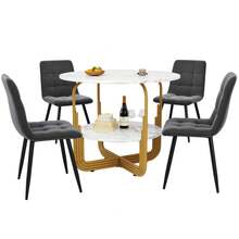 Dining Table Set (5 Pieces), Dining Table Set With 4 Chairs, Modern Dining Table Set For Kitchen, 80cm Diameter Round Kitchen Table With Gold Metal Legs, Marbled MDF Top, Grey Dining Chairs - 1 - View 5