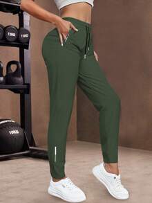 Pantaloni sportivi casual da donna con vita elastica e coulisse, adatti per corsa, yoga, allenamento, leggings per autunno/primavera - Verde - Visualizzare 3