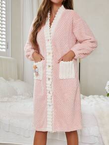 Women's Cozy Floral Print Robe, Button-Up V-Neck Long Sleeve Sleepwear, Thick Warm Thermal Lined Robe With Contrast Trim, Long Length With Pockets, Plush Textured Rose Fleece Loungewear, Fluffy, Winter - Pink - View 7