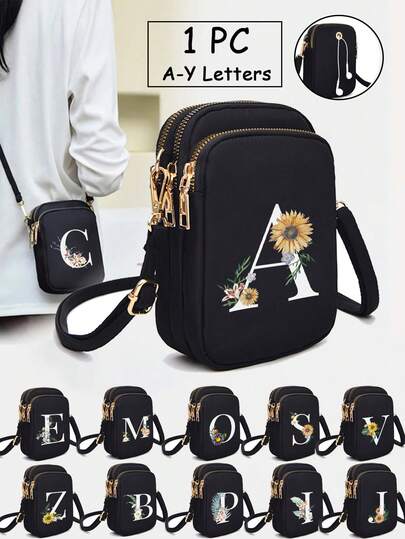 A-Z雏菊花卉字母印花迷你户外运动手提钱包，双拉链小号单肩包，配有可调节肩带，适合放置手机、手臂包、零钱包、现金等，多拉链竖款钱包，是跑步、徒步、旅行、购物、骑行和户外运动的理想之选，也是万圣节、圣诞节和感恩节的绝佳礼物。