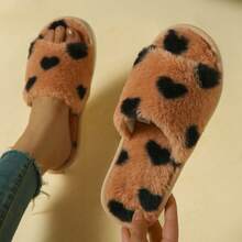 Women's Elegant Heart Pattern Plush Open-Toe Non-Slip Warm House Slippers, Autumn/Winter - Brown - View 2
