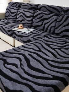 1 pieza Funda de cojín de sofá antiensuciamiento de tela suave y esponjosa con estampado de cebra, tela de jacquard de felpa gruesa con contraste de colores negro y gris, adecuada para cubrir el respaldo, 1/2/3/4 plazas o chaise longue de sofá en otoño/invierno