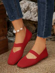 Women's Woven Mary Jane Flat Shoes, Square Toe Mesh Breathable Shoes, Comfortable Elegant Flat Knitted Casual Shoes - Red - View 6