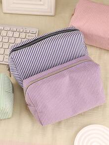 1pc Striped Makeup Storage Bag, Fashionable Striped Storage Bag, Large-Capacity Stationery Storage Pencil Case, Zipper Storage Makeup Bag, Convenient Toiletries Storage Bag, Dressing Table Makeup Brush Storage Bag