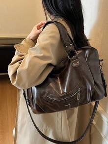 1 Túi xách tay cổ điển dung tích lớn, Túi đeo vai PU cổ điển, Túi tote thường ngày cho nữ và Ví - Cà phê nâu - Xem 3