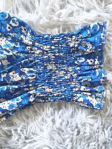 Chic Blue Floral Print Short Dress For Women, Boho Style With V-Neck, Long Flare Sleeves, Shirred Waist, And Ruffle Flared Hem - 藍色 - 查看 5