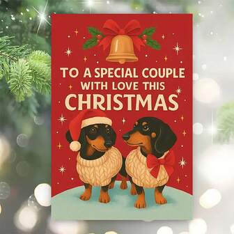 1pc Christmas Card For Couples With Cute Dachshund Dogs In Cozy Sweaters - "To A Special Couple" Message, Red & Teal Holiday Design With Bells & Snowflakes, Dog Lover Gift, Envelope Included (Paper Card) - Festive Cartoon Theme, High-Quality Paper Material, Perfect For Birthdays & Holiday Celebrations, Heartwarming Gift Idea For Pet Lovers