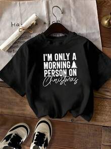 Camiseta con estampado de árbol de Navidad para mujer. "Soy solo una persona mañanera en Navidad". Bonita camiseta navideña con gráficos festivos, top informal de verano de manga corta, prenda festiva para mujer, cómoda y suave camiseta de mezcla de algodón. - Negro - Ver 2
