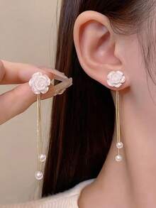 1 Pair Elegant Camellia Flower Tassel Earrings