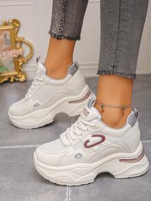 Women's Solid Color Thick Sole Sneakers With Front Tie Closure, Outdoor Tennis Shoes With Mesh Detailing, Khaki