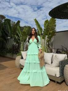 Women's Long Chiffon Dress With Long Sleeves, V-Neck, Ruffled Hem And Lining - Màu xanh Bạc hà - Xem 2