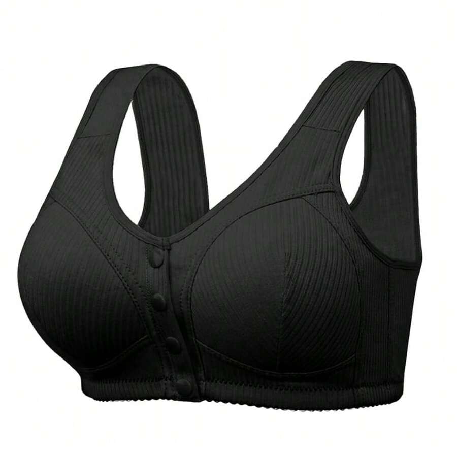 Ribbed Bras For Women Front Closure No Underwire Comfort Senior Wireless Snap Closing Bra{"Color_name":"Black"} - 弗拉克 - 查看 1