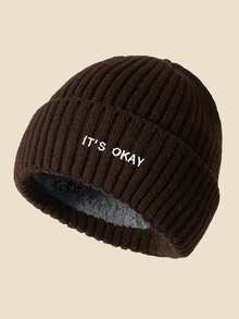 1pc Unisex "IT's OKAY" Embroidered Solid Color Knit Beanie, Men's Winter Thermal Lined Warm Cuffed Hat, Soft & Comfortable, Minimalist & Fashionable, Suitable For Cold Weather Winter Clothing - A - View 16