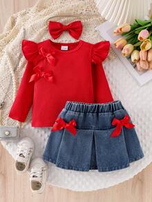 Bộ đồ thường ngày 3 món cho bé gái: Áo thun tay loe họa tiết sọc màu trơn, Chân váy denim cạp chun họa tiết bướm và Băng đô hình bướm - Đỏ - Xem 3