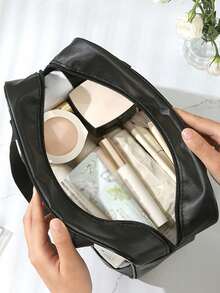 1个多功能PVC洗漱包，透明PVC化妆包，大容量化妆包，DIY字母设计化妆包，防水旅行收纳包，简约字母贴纸旅行化妆包，适用于化妆品、香水，适合海滩、学校、浴室、节日、母亲节、圣诞节等场合，是送给妈妈、家人、朋友的绝佳礼物，男女通用旅行洗漱包，浴室化妆包 - 黑色 - 查看 4